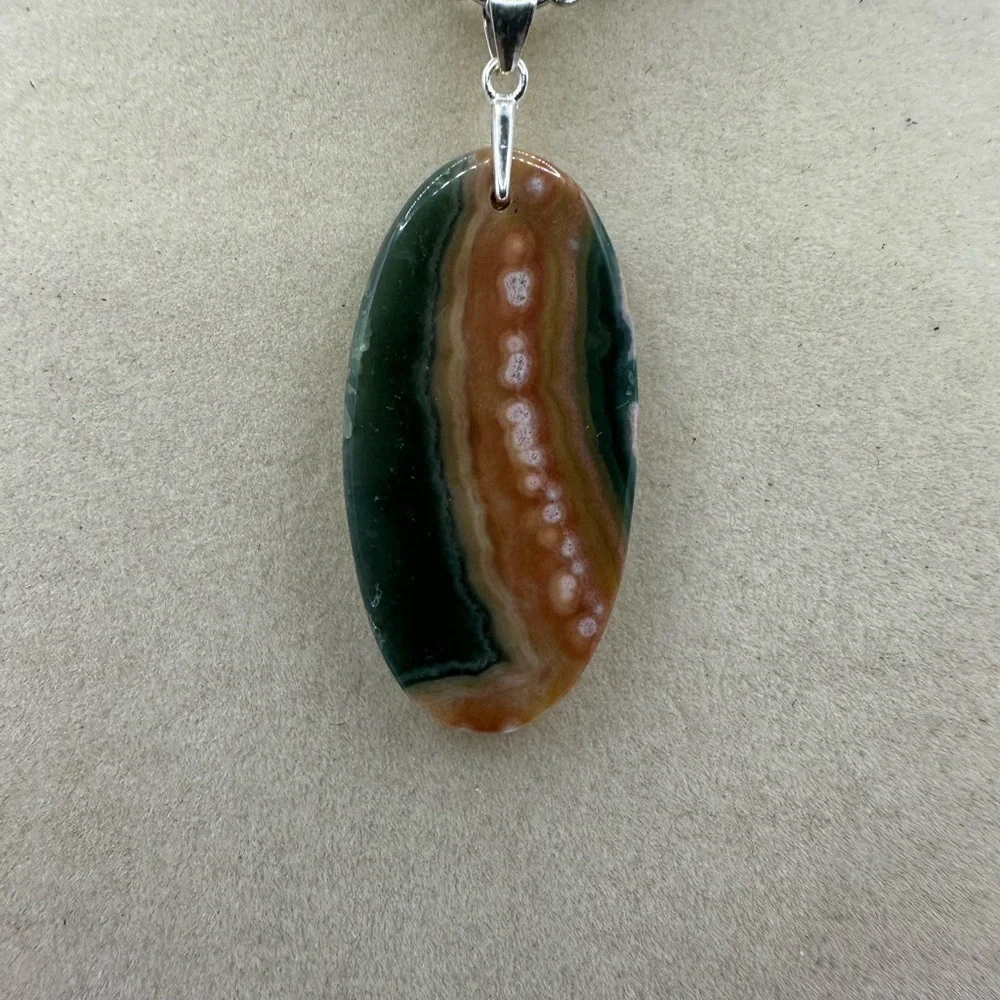Ocean Jasper Pendant Necklace on Sterling Silver Bail & Stainless Steel Chain - Picture 2 of 8